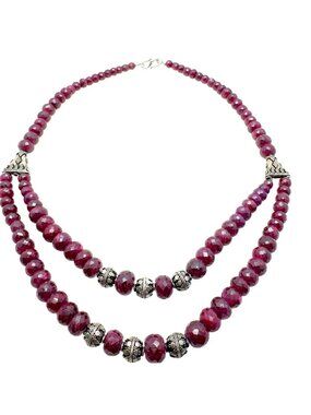 Faceted Ruby Gemstone Necklace Sterling Silver Double Strand 144g Vtg